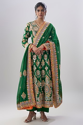 Green Blend Georgette Embroidered Anarkali Set by ASAL By Abu Sandeep