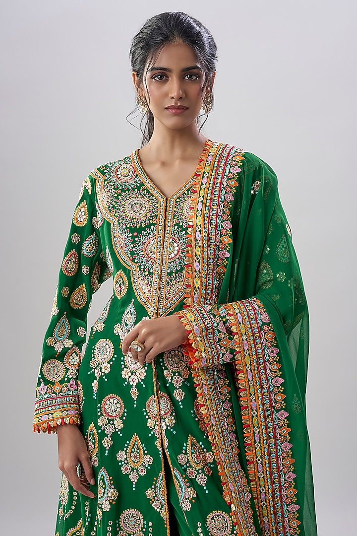 Green Blend Georgette Embroidered Bridal Anarkali Set by ASAL By Abu Sandeep at Pernia's Pop Up Shop