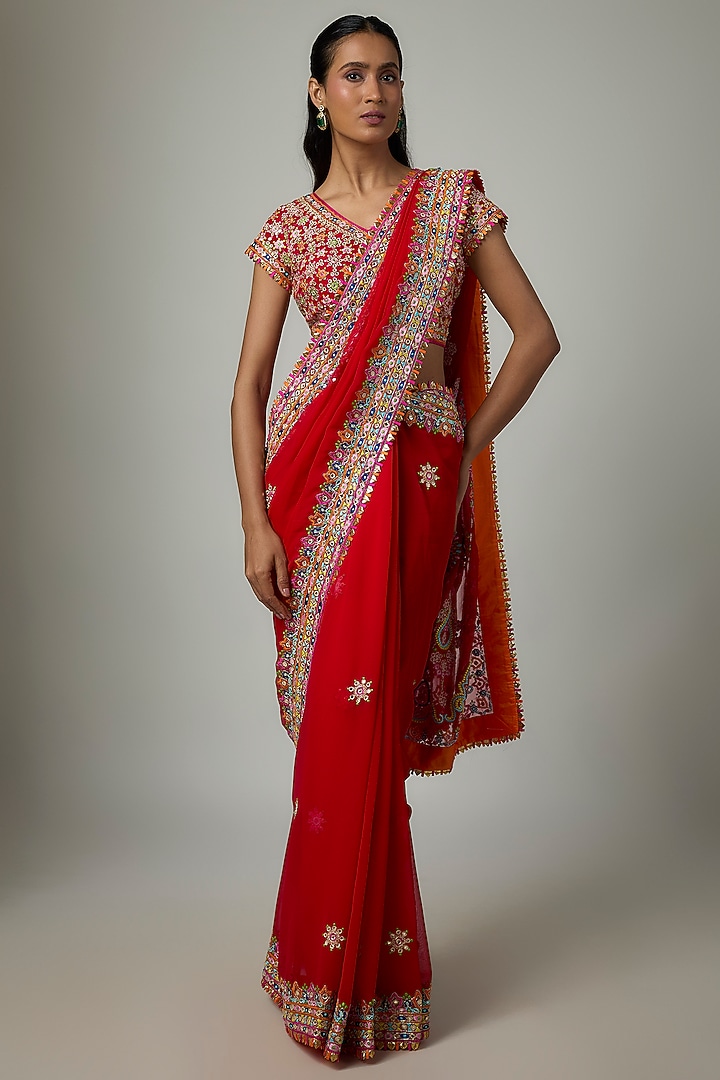 Red Georgette Resham Embroidered Bridal Saree Set by ASAL By Abu Sandeep at Pernia's Pop Up Shop