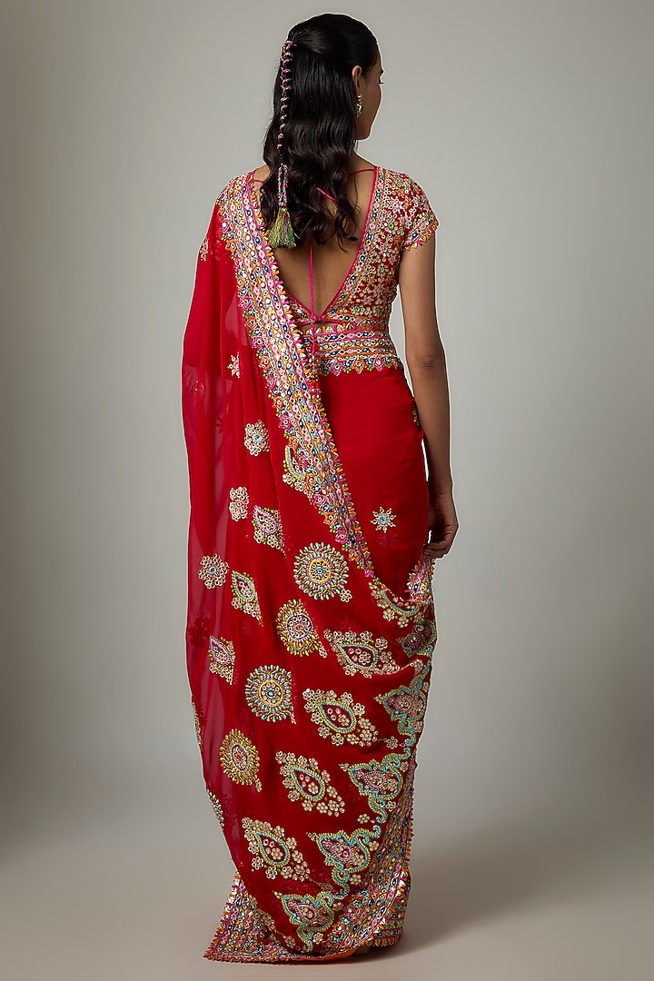 Red Georgette Resham Embroidered Bridal Saree Set by ASAL By Abu Sandeep at Pernia's Pop Up Shop