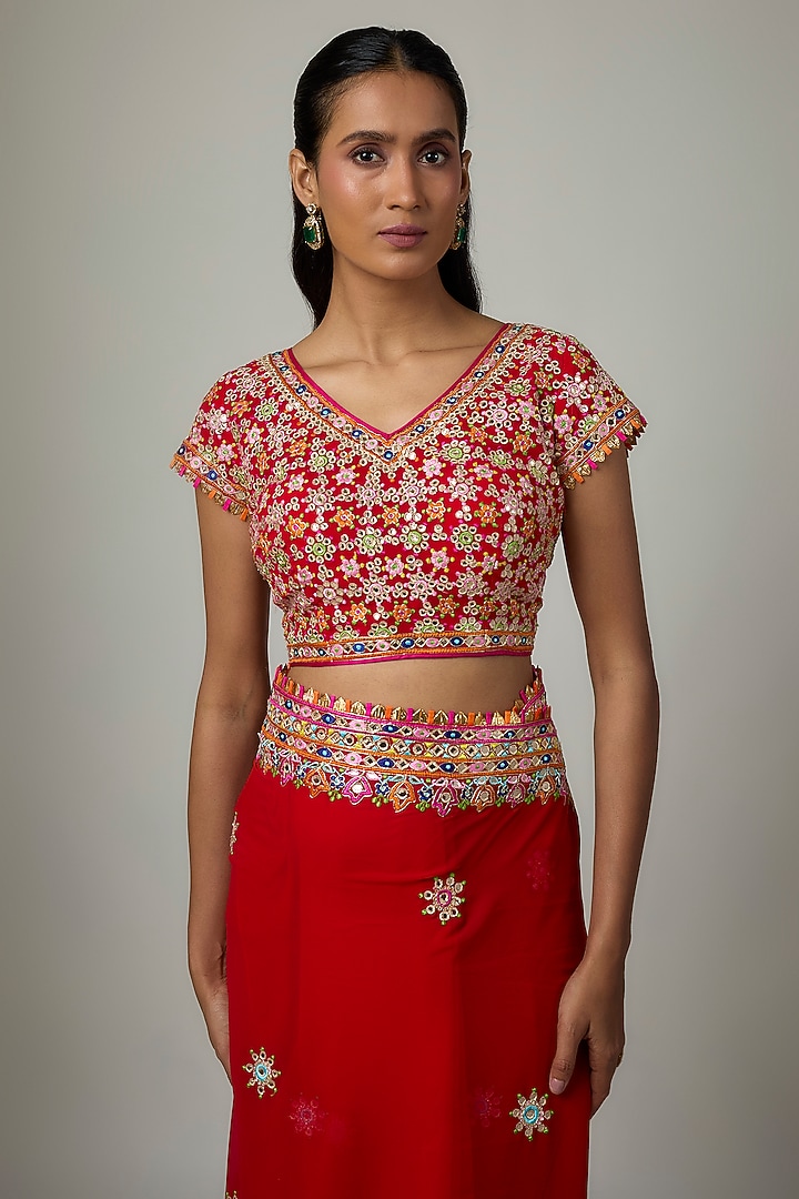 Red Georgette Resham Embroidered Bridal Saree Set by ASAL By Abu Sandeep at Pernia's Pop Up Shop