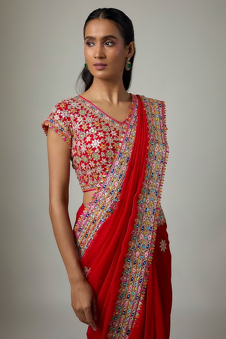 Red Georgette Resham Embroidered Bridal Saree Set by ASAL By Abu Sandeep at Pernia's Pop Up Shop