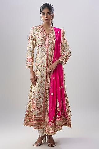 Ivory Blend Georgette Embroidered Anarkali Set by ASAL By Abu Sandeep
