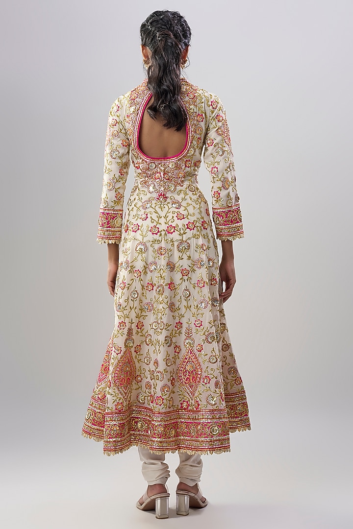 Ivory Blend Georgette Embroidered Bridal Anarkali Set by ASAL By Abu Sandeep at Pernia's Pop Up Shop