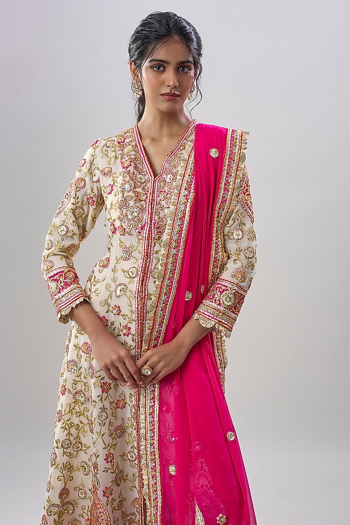 Ivory Blend Georgette Embroidered Bridal Anarkali Set by ASAL By Abu Sandeep at Pernia's Pop Up Shop