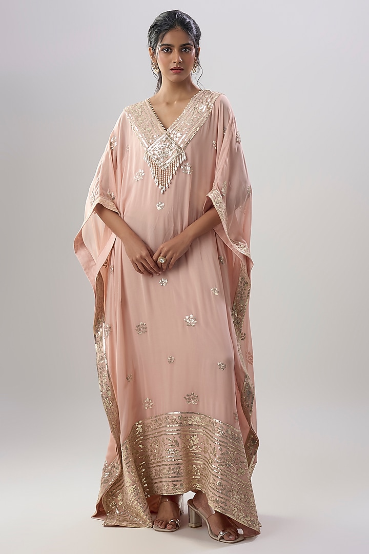 Peach Georgette Sequins Embroidered Kaftan by ASAL By Abu Sandeep at Pernia's Pop Up Shop