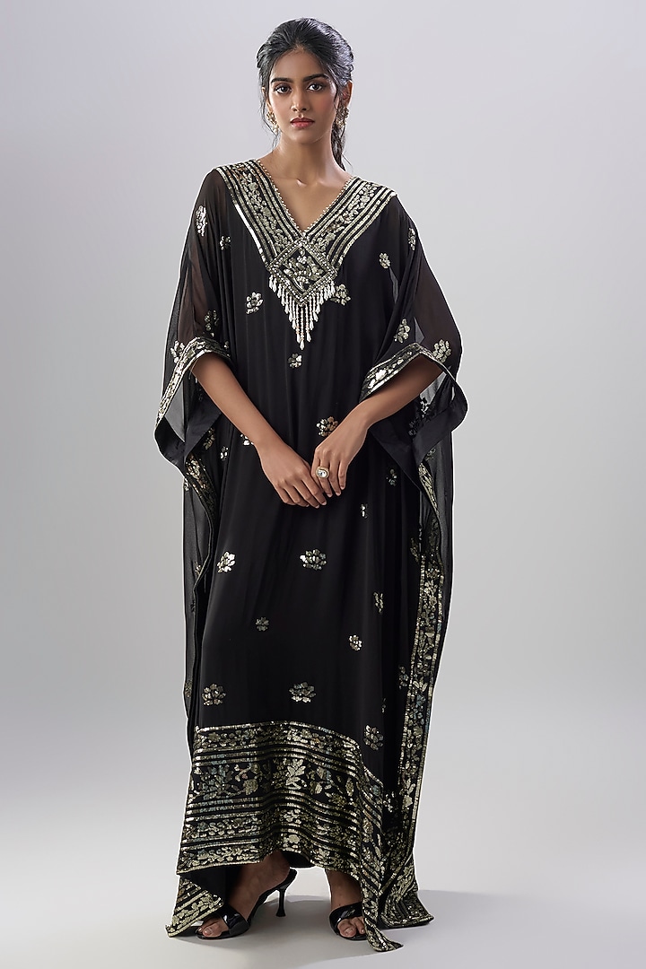 Black Georgette Sequins Embroidered Kaftan by ASAL By Abu Sandeep at Pernia's Pop Up Shop