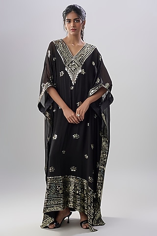 Black Georgette Sequins Embroidered Kaftan by ASAL By Abu Sandeep