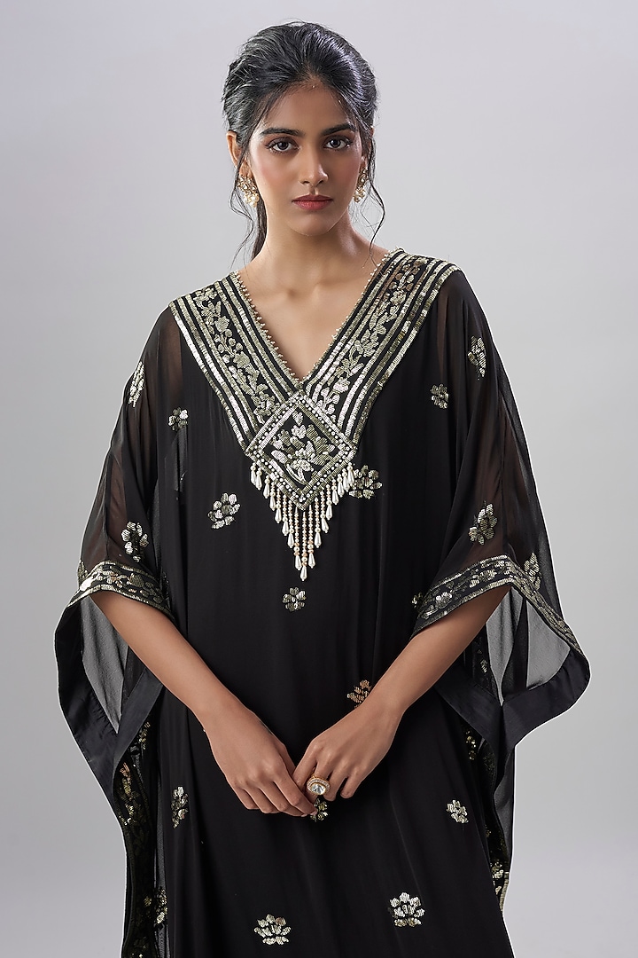 Black Georgette Sequins Embroidered Kaftan by ASAL By Abu Sandeep at Pernia's Pop Up Shop