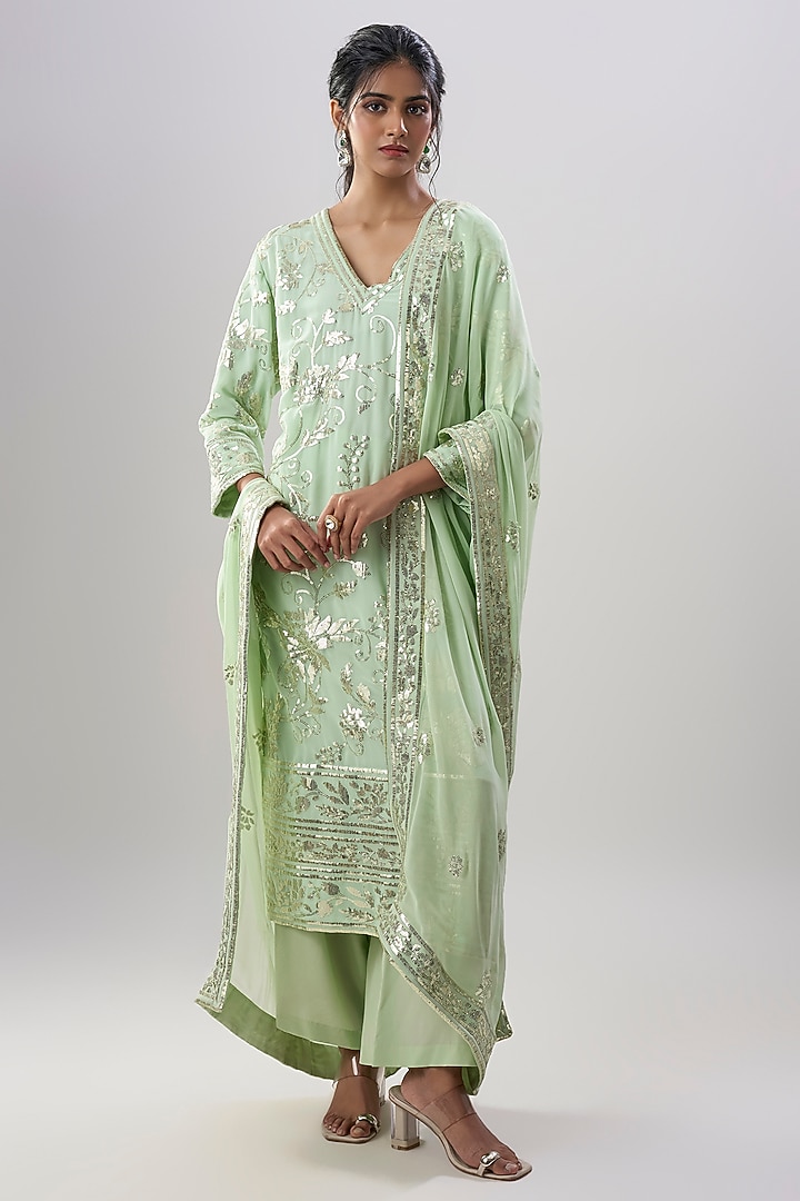 Mint Green Georgette Sequins Embroidered Kurta Set by ASAL By Abu Sandeep at Pernia's Pop Up Shop