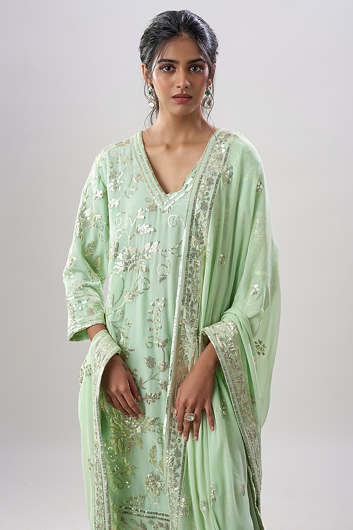 Mint Green Georgette Sequins Embroidered Kurta Set by ASAL By Abu Sandeep at Pernia's Pop Up Shop