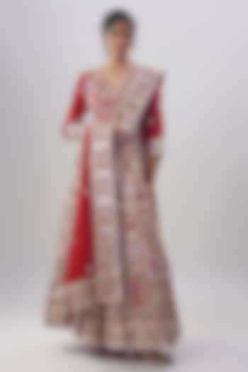 Red Blend Georgette Embroidered Bridal Anarkali Set by ASAL By Abu Sandeep at Pernia's Pop Up Shop