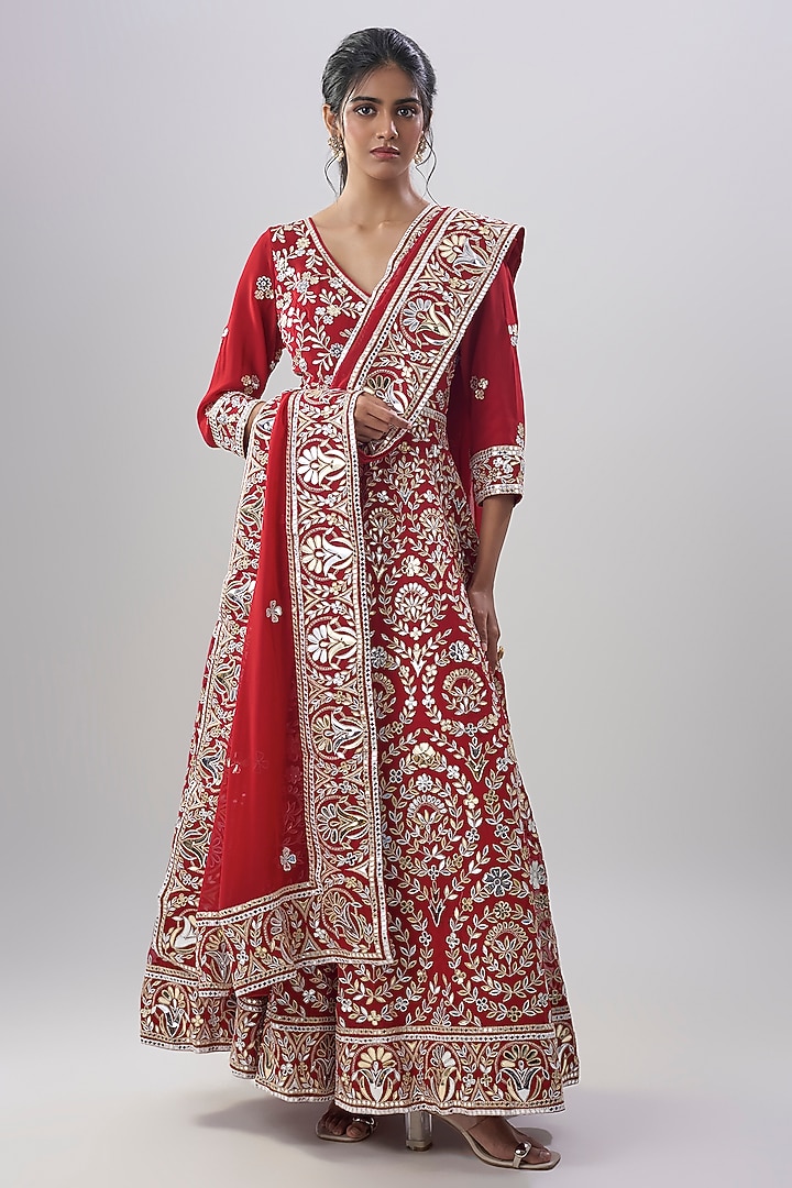 Red Blend Georgette Embroidered Bridal Anarkali Set by ASAL By Abu Sandeep at Pernia's Pop Up Shop