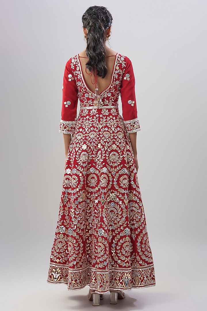 Red Blend Georgette Embroidered Bridal Anarkali Set by ASAL By Abu Sandeep at Pernia's Pop Up Shop