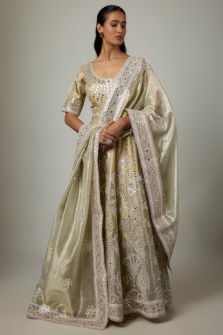 Gold & Silver Tissue Abla Embroidered Bridal Anarkali Set by ASAL By Abu Sandeep at Pernia's Pop Up Shop