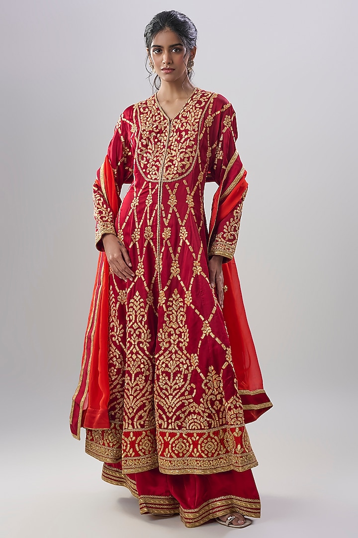 Maroon Modal Satin Embroidered Bridal Anarkali Set by ASAL By Abu Sandeep at Pernia's Pop Up Shop