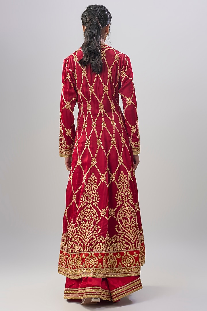 Maroon Modal Satin Embroidered Bridal Anarkali Set by ASAL By Abu Sandeep at Pernia's Pop Up Shop