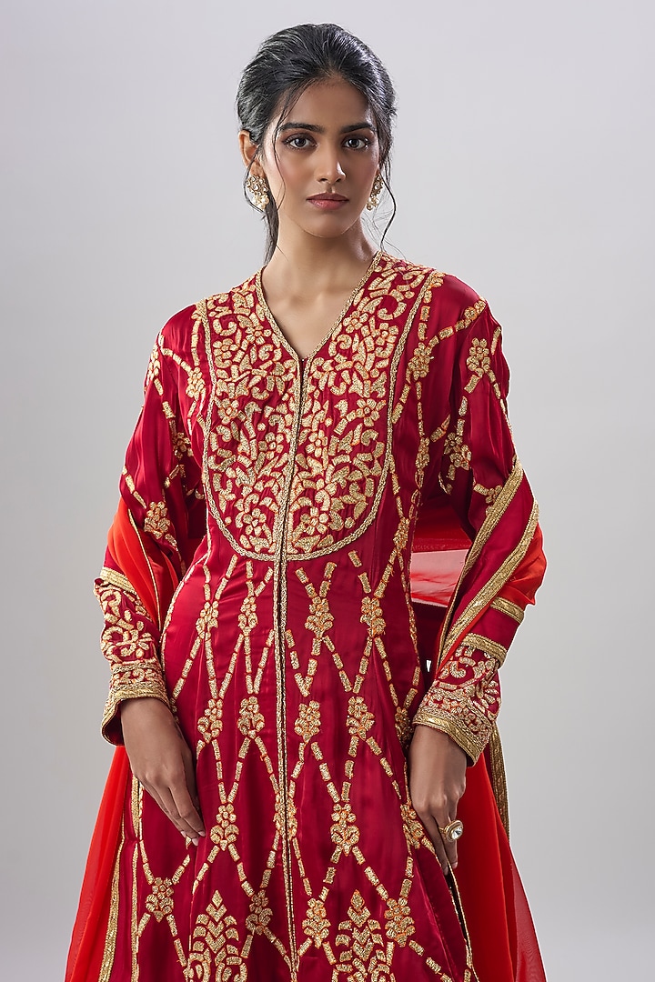 Maroon Modal Satin Embroidered Bridal Anarkali Set by ASAL By Abu Sandeep at Pernia's Pop Up Shop
