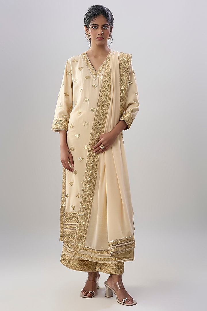 Beige Blend Georgette Sequins Embroidered Kurta Set by ASAL By Abu Sandeep at Pernia's Pop Up Shop