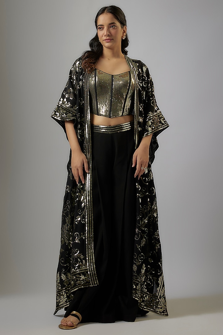 Black Blended Georgette Sequins Embroidered Jacket Set by ASAL By Abu Sandeep at Pernia's Pop Up Shop