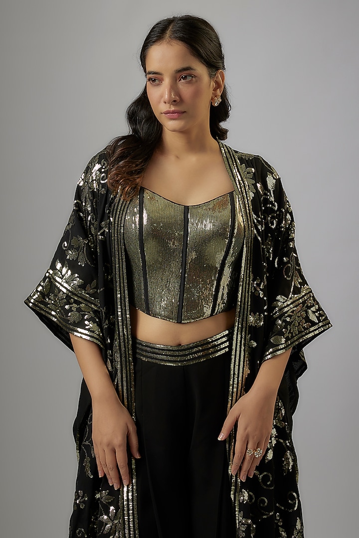 Black Blended Georgette Sequins Embroidered Jacket Set by ASAL By Abu Sandeep at Pernia's Pop Up Shop