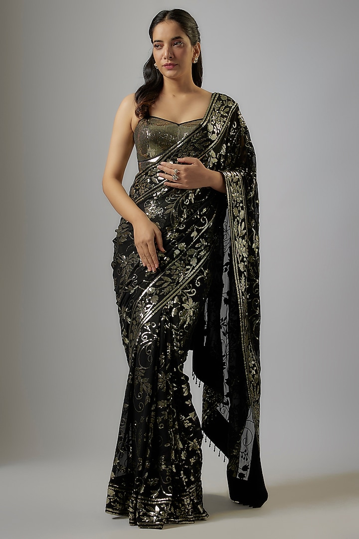 Black Blended Georgette Floral Sequins Embroidered Saree Set by ASAL By Abu Sandeep at Pernia's Pop Up Shop