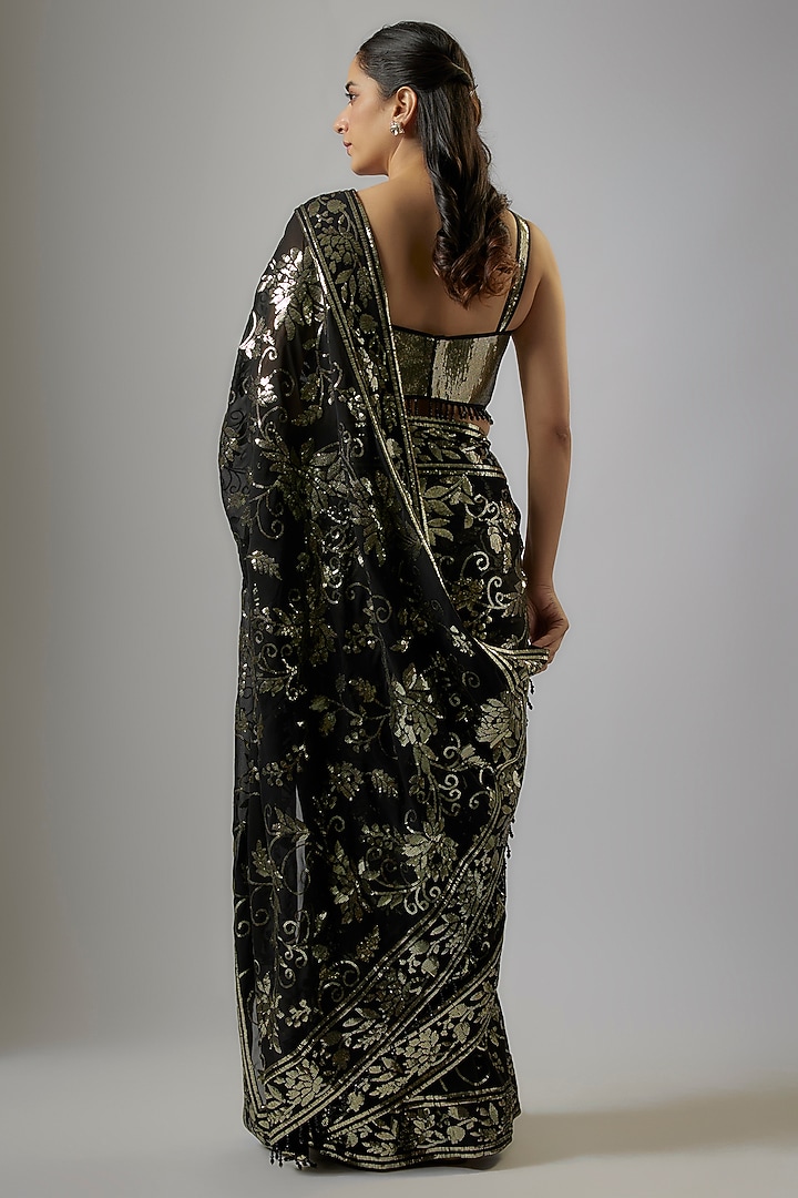 Black Blended Georgette Floral Sequins Embroidered Reception Saree Set by ASAL By Abu Sandeep at Pernia's Pop Up Shop