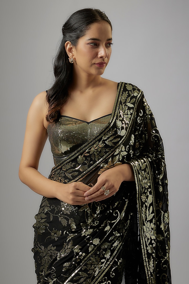 Black Blended Georgette Floral Sequins Embroidered Reception Saree Set by ASAL By Abu Sandeep at Pernia's Pop Up Shop