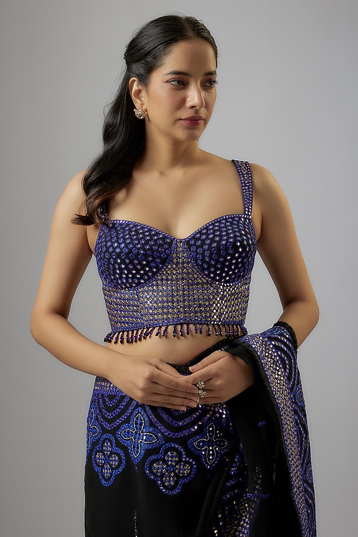 Black Blended Georgette Mirror Embroidered Bridal Saree Set by ASAL By Abu Sandeep at Pernia's Pop Up Shop