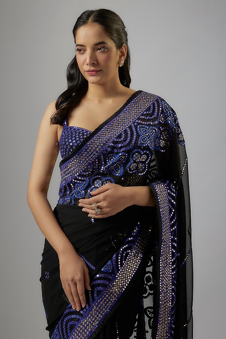 Black Blended Georgette Mirror Embroidered Bridal Saree Set by ASAL By Abu Sandeep at Pernia's Pop Up Shop