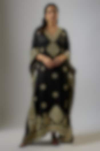 Black Blended Georgette Abla Embroidered Kaftan by ASAL By Abu Sandeep at Pernia's Pop Up Shop