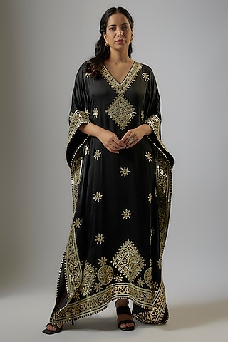 Black Blended Georgette Abla Embroidered Kaftan by ASAL By Abu Sandeep