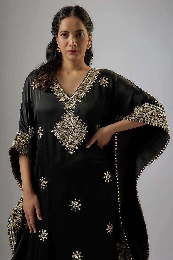 Black Blended Georgette Abla Embroidered Kaftan by ASAL By Abu Sandeep at Pernia's Pop Up Shop