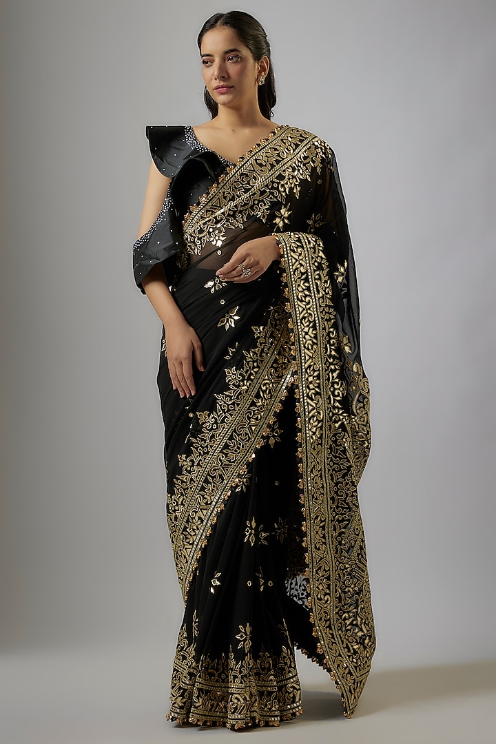 Black Blended Georgette Abla Embroidered Saree Set by ASAL By Abu Sandeep at Pernia's Pop Up Shop