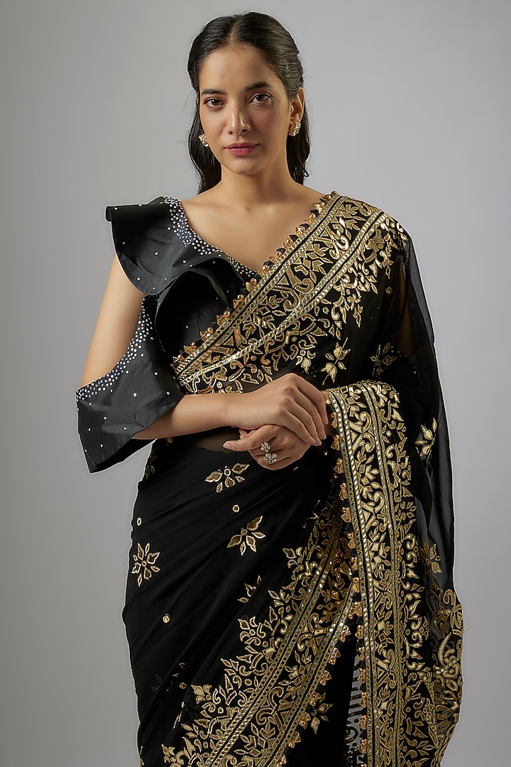 Black Blended Georgette Abla Embroidered Bridal Saree Set by ASAL By Abu Sandeep at Pernia's Pop Up Shop