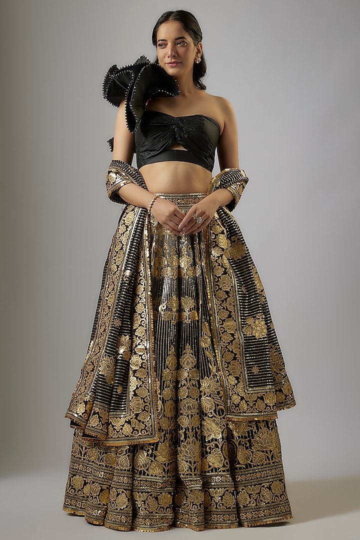 Black Blended Georgette Abla Embroidered Bridal Lehenga Set by ASAL By Abu Sandeep at Pernia's Pop Up Shop