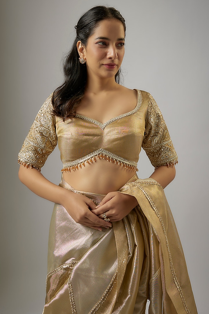 Gold Blended Tissue Hand Embroidered Bridal Saree Set by ASAL By Abu Sandeep at Pernia's Pop Up Shop