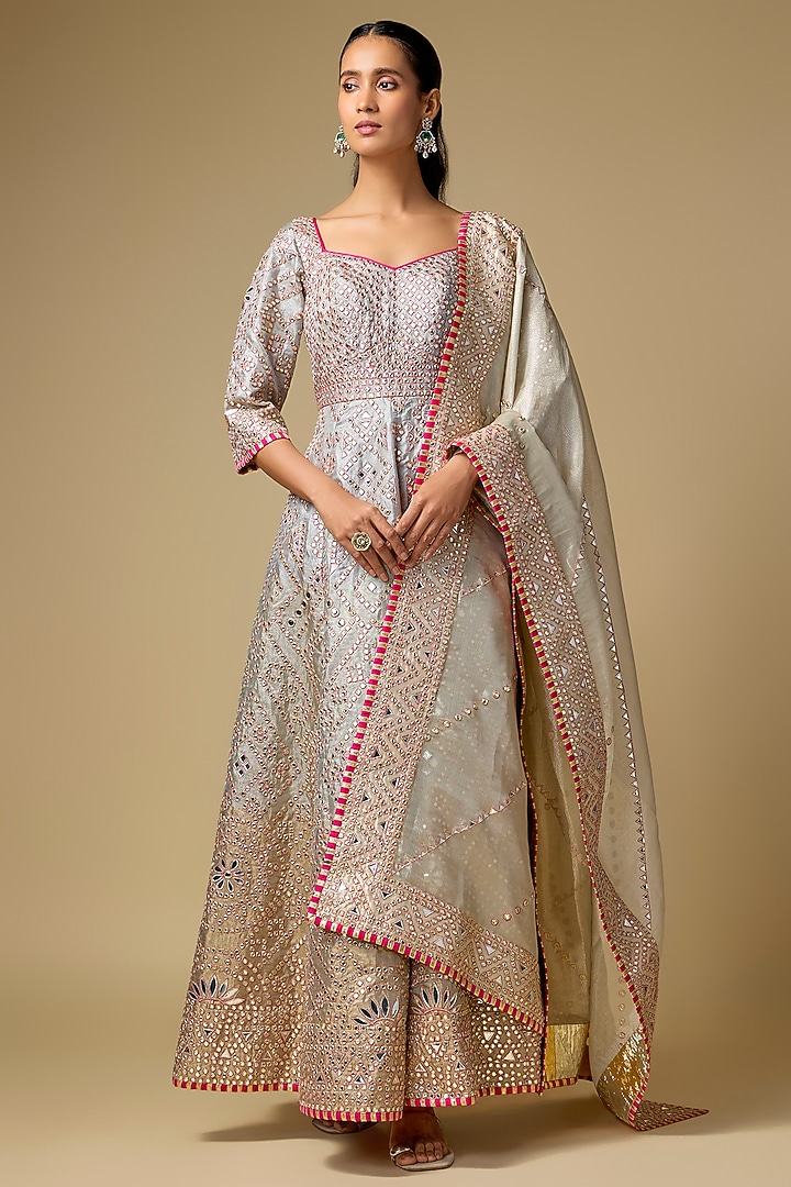 Gold & Silver Tissue Embroidered Bridal Anarkali Set by ASAL By Abu Sandeep at Pernia's Pop Up Shop