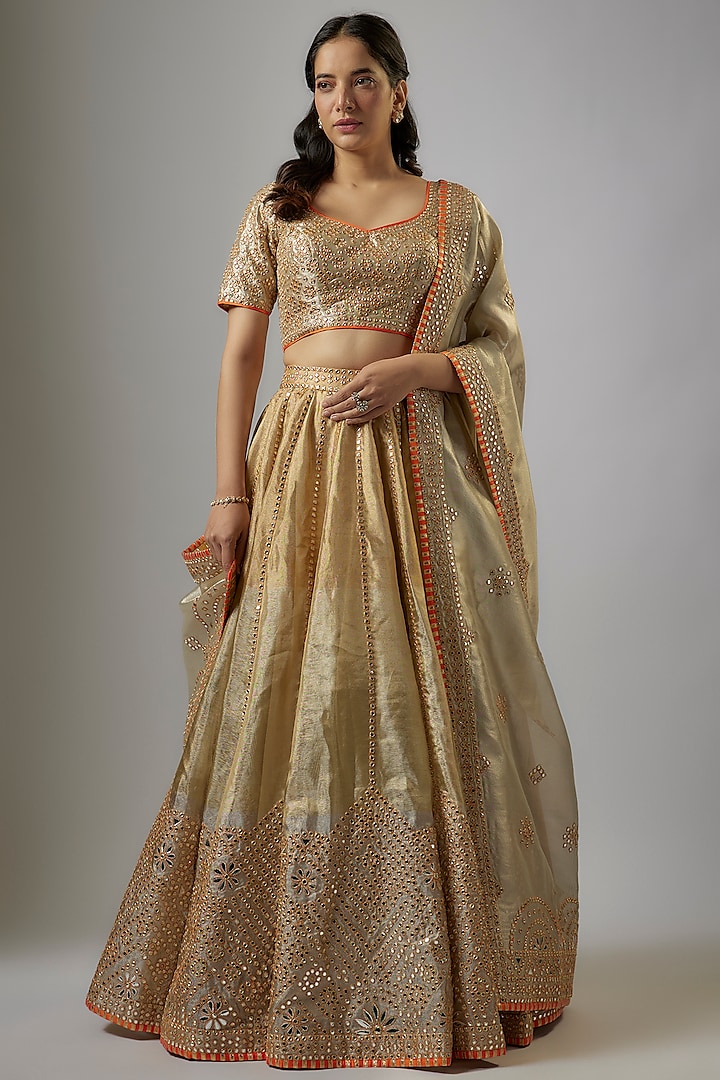 Gold Blended Tissue Mirror Embroidered Bridal Lehenga Set by ASAL By Abu Sandeep at Pernia's Pop Up Shop