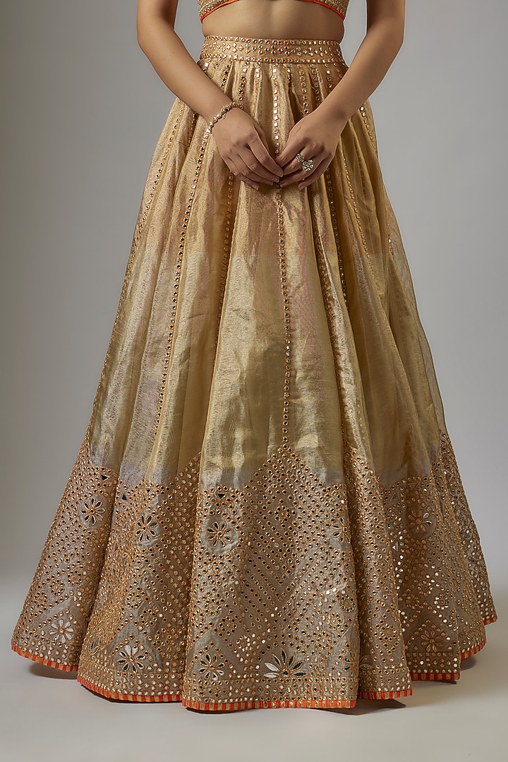 Gold Blended Tissue Mirror Embroidered Bridal Lehenga Set by ASAL By Abu Sandeep at Pernia's Pop Up Shop