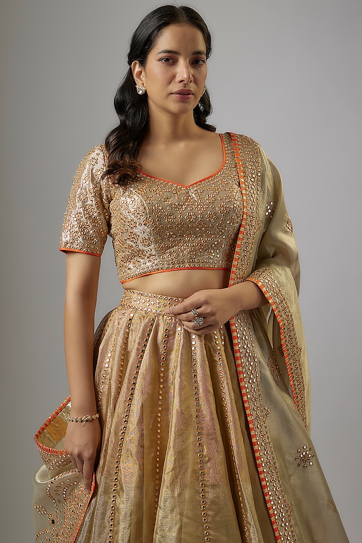 Gold Blended Tissue Mirror Embroidered Bridal Lehenga Set by ASAL By Abu Sandeep at Pernia's Pop Up Shop