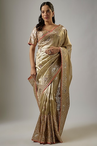 Gold Blended Tissue Mirror Embroidered Saree Set by ASAL By Abu Sandeep