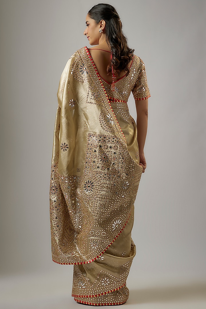 Gold Blended Tissue Mirror Embroidered Bridal Saree Set by ASAL By Abu Sandeep at Pernia's Pop Up Shop