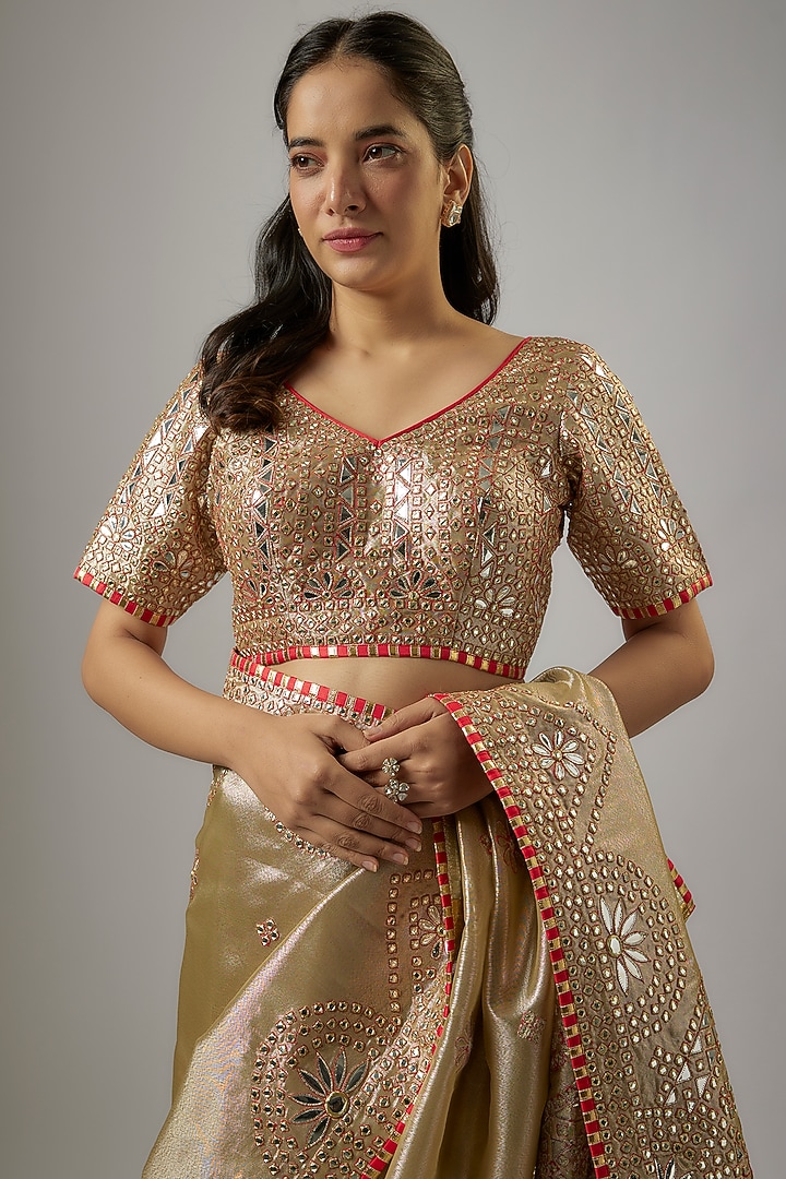 Gold Blended Tissue Mirror Embroidered Bridal Saree Set by ASAL By Abu Sandeep at Pernia's Pop Up Shop
