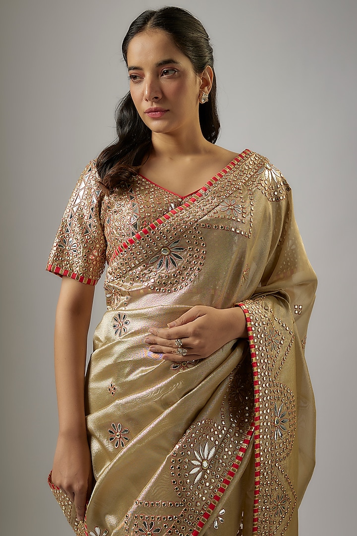 Gold Blended Tissue Mirror Embroidered Bridal Saree Set by ASAL By Abu Sandeep at Pernia's Pop Up Shop