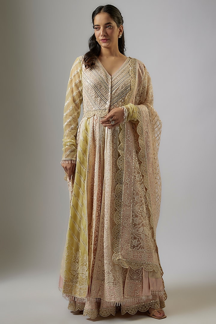 Multi-Colored Indian Net Thread Hand Embroidered Anarkali Set by ASAL By Abu Sandeep at Pernia's Pop Up Shop