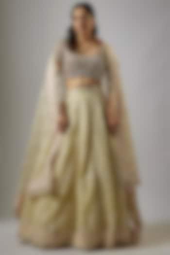 Yellow Indian Net Thread Hand Embroidered Bridal Lehenga Set by ASAL By Abu Sandeep at Pernia's Pop Up Shop