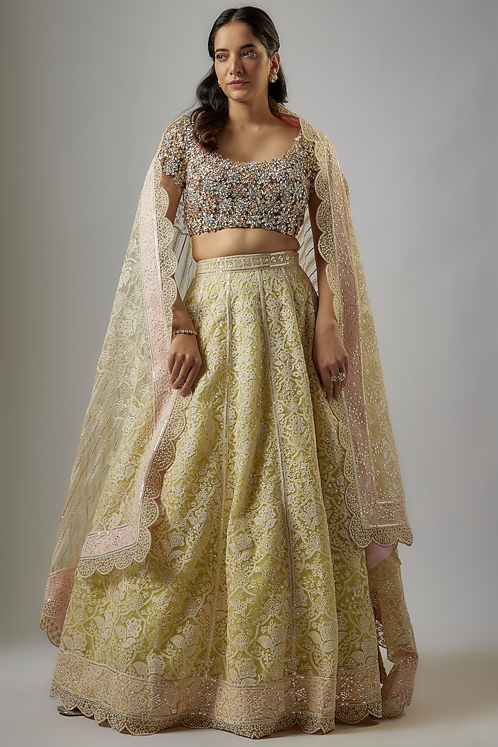 Yellow Indian Net Thread Hand Embroidered Bridal Lehenga Set by ASAL By Abu Sandeep at Pernia's Pop Up Shop