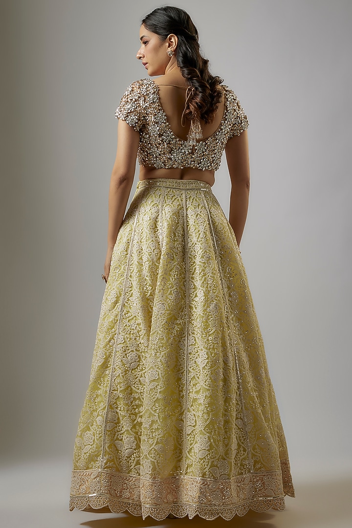 Yellow Indian Net Thread Hand Embroidered Bridal Lehenga Set by ASAL By Abu Sandeep at Pernia's Pop Up Shop