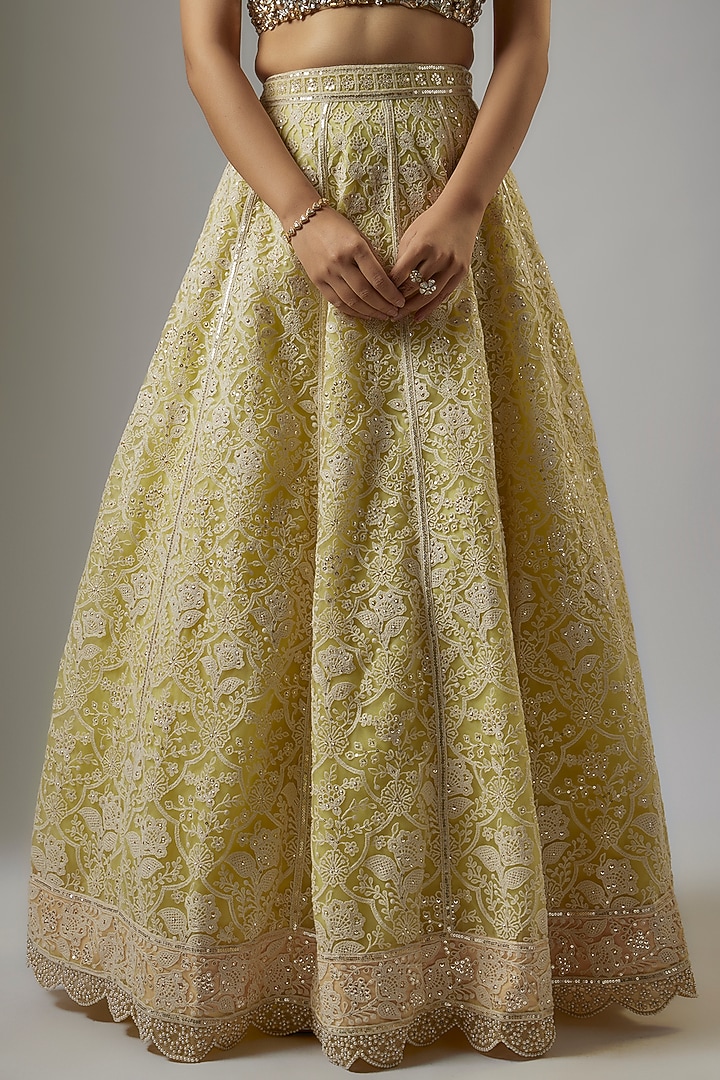 Yellow Indian Net Thread Hand Embroidered Bridal Lehenga Set by ASAL By Abu Sandeep at Pernia's Pop Up Shop